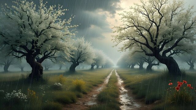 Spring orchard with white blossoms on rainy dirt road 