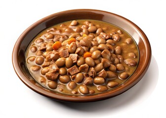 A plate of foul medames with stewed beans, served in a traditional dish, topped with fresh herbs, ready to eat