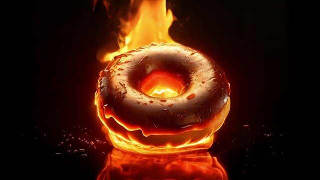 Donut is on fire and surrounded by smoke. Chocolate donut burning and melting on dark background. Sinful dessert burning temptation