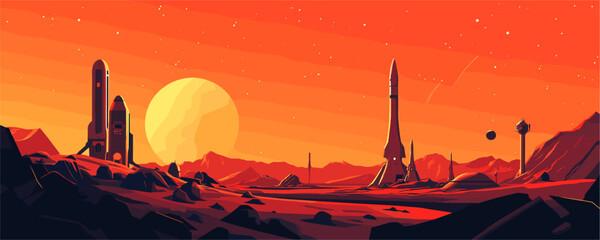 Futuristic mars colony with rocket launch pads and moon in the background, space exploration vector