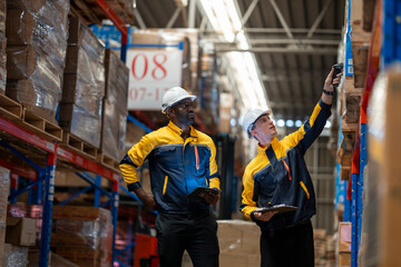 A team of engineers inspects the warehouse in a large storage warehouse. The inspection team uses...