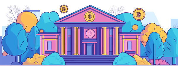 Futuristic bank building with bitcoin symbols and trees in vibrant colors - vector