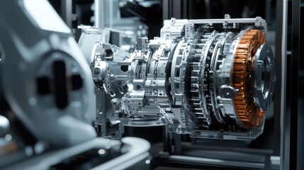 Fototapeta premium A robotic arm in a futuristic automotive lab, assembling precision transmission components for electric vehicles with ultra-fast precision, Auto-tech style