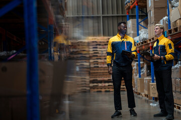 Obraz premium A team of engineers inspects the warehouse in a large storage warehouse. The inspection team uses electronic equipment to monitor the stored goods. staff are in safe working clothes in clean factory.