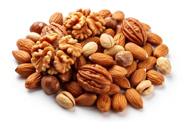 Obraz premium Almonds and walnuts in their shells neatly arranged in a close up view on a white surface, perfect for illustrating natural foods