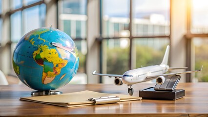 Fototapeta premium Globe on the table with air plane 