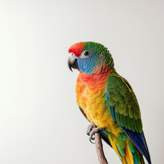 Obraz premium a bright parrot sitting on a thin branch. Its plumage is striking in its rich colors: a red head, a blue chest, an orange-yellow belly, green wings and blue tips of feathers. 