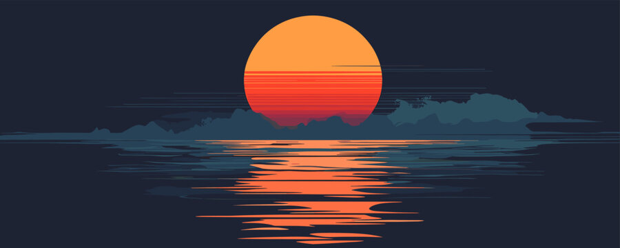 Minimalist sunset scene with ocean reflection and clouds vector