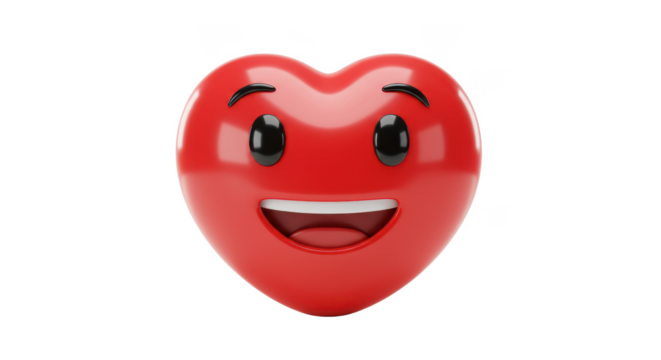 A glossy red heart shaped emoji with a happy smiling face on a black background digital rendering image