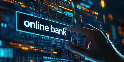 Hand interacting with an online banking interface, showcasing digital finance technology and modern banking solutions in a vibrant, tech inspired environment