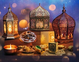 3d modern Islamic holiday background. Muslim Holy Month Ramadan Kareem - Ornamental Arabic Lantern metal moon, and mosque portal, luxury Ramadan background.