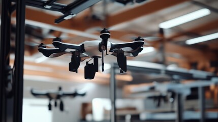 A robotic arm in a futuristic manufacturing plant, assembling autonomous delivery drones with AI-powered precision, Drone-tech style