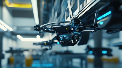 A robotic arm in a futuristic manufacturing plant, assembling autonomous delivery drones with AI-powered precision, Drone-tech style