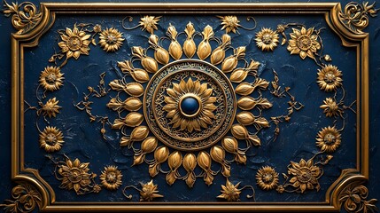 Gold floral medallion, dark blue background, ornate frame