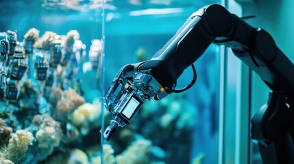 A robotic arm in a futuristic ocean research facility, assembling sensors and data collection equipment for marine exploration, Marine-tech style