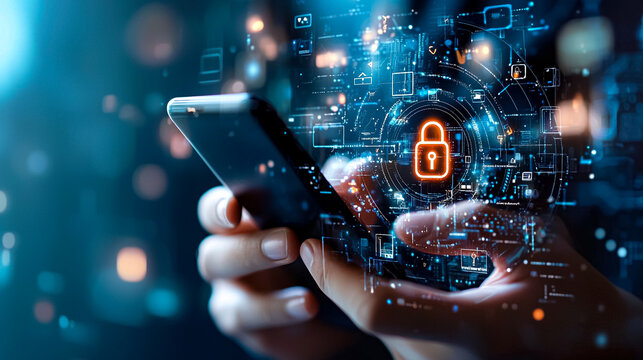 Digital Security: Close-up of a person's hands interacting with a smartphone, highlighting data protection, secure network, and online privacy.
