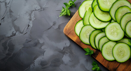 Tábua de madeira com fatias de abobrinha verde fresca em fundo cinza