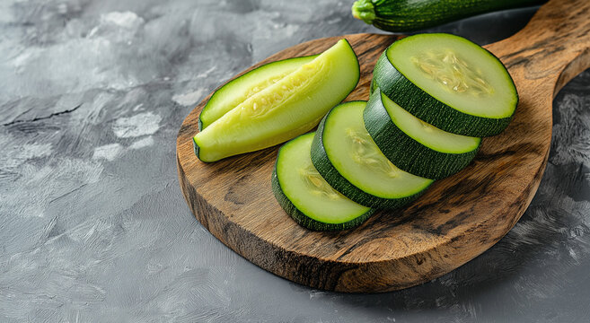 T&aacute;bua de madeira com fatias de abobrinha verde fresca em fundo cinza