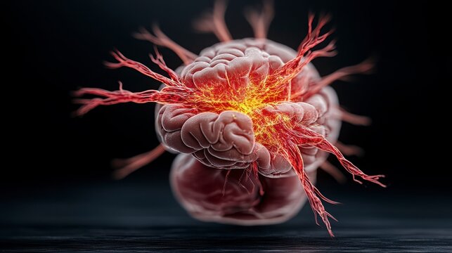 Surreal depiction of an exploding brain with glowing energy pulses