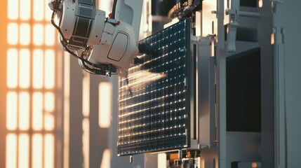 A robotic arm in a futuristic solar panel factory, assembling photovoltaic cells with AI-driven accuracy for renewable energy solutions, Energy-tech style
