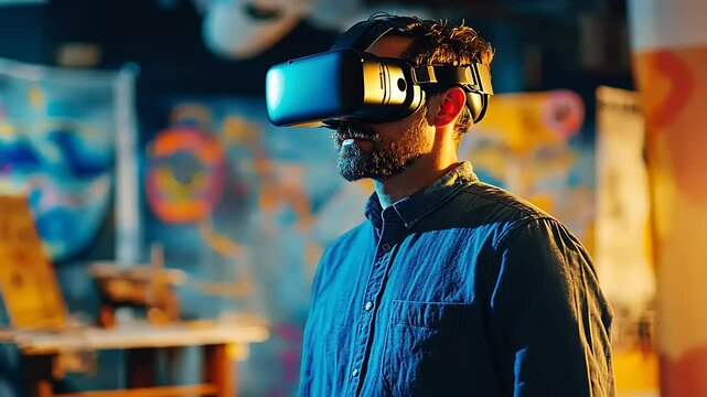 Man using virtual reality headset in creative studio with colorful murals and art supplies around