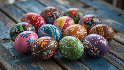 Fototapeta premium Vibrant Hand-Painted Easter Eggs with Unique Artistic Patterns Colorful Designs Arranged on Rustic Blue Wooden Surface with Festive Spring Elements for a Cheerful and Joyful Easter Holiday Celebration