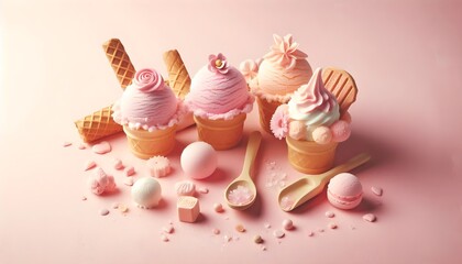 Cute and fun ice cream composition with soft pastel colors and a warm, cheerful summer mood.
