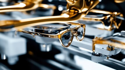Obraz premium A robotic arm in a high end luxury eyewear factory, assembling frames and lenses for custom eyeglasses, Fashion-tech style
