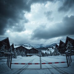 Dramatic close-up shot of winter resort closure under stormy skies with high tension and detailed focus