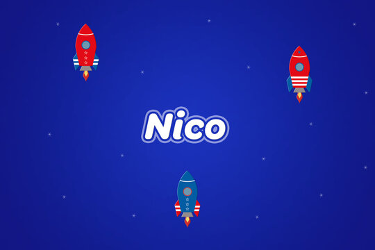 Nico male boy name illustration in blue with rockets.