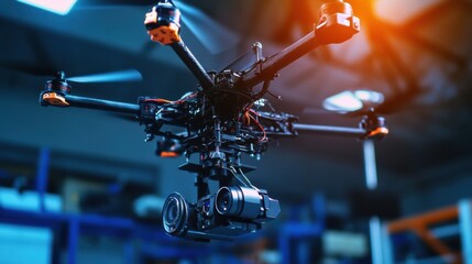 A robotic arm in a high performance drone factory, assembling advanced surveillance drones with AI-powered cameras for autonomous flight, Drone-tech style