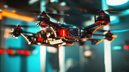A robotic arm in a high performance drone factory, assembling advanced surveillance drones with AI-powered cameras for autonomous flight, Drone-tech style