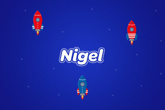 Nigel male boy name illustration in blue with rockets.