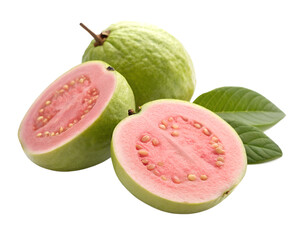 Arrangement of fresh guava fruits, including whole and halved pieces, alongside vibrant green leaves transparent background