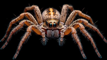 Close-up hunting spider, black background, macro shot, wildlife