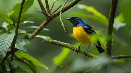 Vibrant Yellow-Bellied Bird Perched on Branch Amidst Lush Green Foliage Showcasing Nature's Beauty