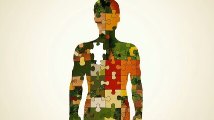 Colorful Food Puzzle Pieces Form Human Silhouette Missing One Piece at Heart Area Light Beige Background