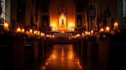Fototapeta premium Warm Candlelit Sanctuary with Decorative Flowers in Calm Church