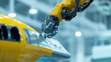 Fototapeta premium A robotic arm in a high tech aerospace plant, assembling aerodynamic composite materials for supersonic aircraft, Aerospace style