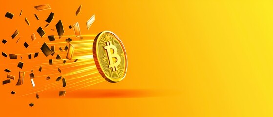 Golden Bitcoin Coin Fragmentation on Orange Background