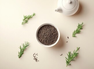 Loose Leaf Black Tea Still Life with Rosemary and White Teapot