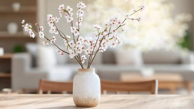 木製テーブルに飾られた桜の枝