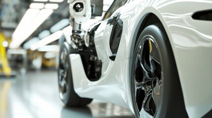 Fototapeta premium A robotic arm in a high tech automotive assembly line, integrating AI-driven self-healing paint onto luxury car exteriors, Auto-tech style
