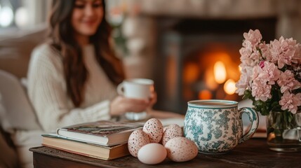 Cozy Indoor Scene with Woman, Cup, Flowers, and Easter Eggs