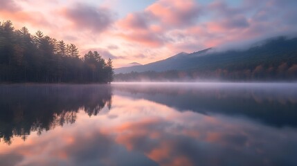Fototapeta premium Beautiful lake with forest in the background, clouds reflecting on water, pink and blue sky, calm nature photography.