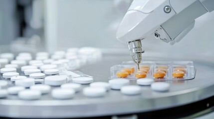 A robotic arm in a high tech bio manufacturing facility, assembling personalized medicine delivery systems for tailored healthcare solutions, Bio-tech style