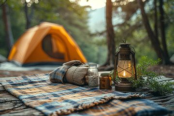 Camping in the forest. Lantern, tent, travelling, and hiking essentials on the table. Horizontal social media banner