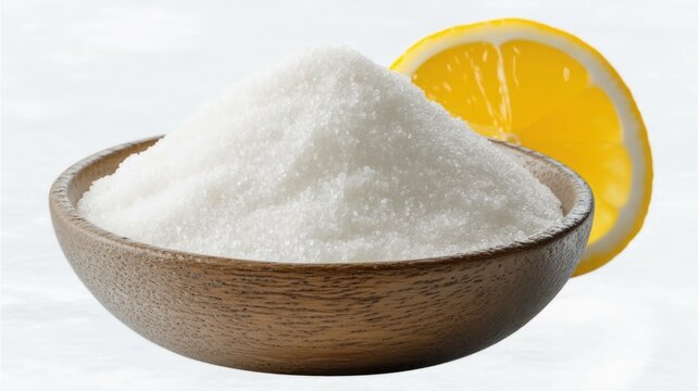 Fresh lemon and salt in a wooden bowl, ideal for culinary and health focused representations, bright colors, emphasizing natural ingredients and balance