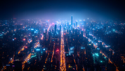 Fototapeta premium Aerial View of a Night City Skyline with Vibrant Lights