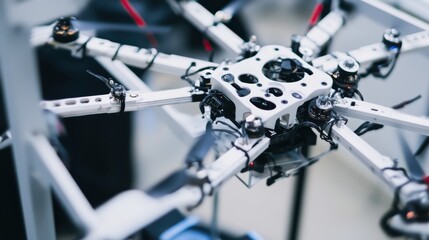 Obraz premium A robotic arm in a high tech drone manufacturing plant, assembling autonomous drone parts with precision, Aerospace style